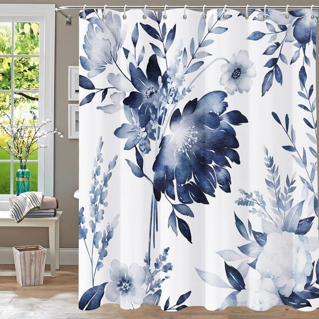 YiarTaan Shower Curtain,Navy Blue Floral Shower Curtains for Bathroom,Watercolor Ink Flowers Plant Leaf Bath Curtain Sets,Waterproof Fabric Cloth Shower Curtain Sets 72x72in with Hooks