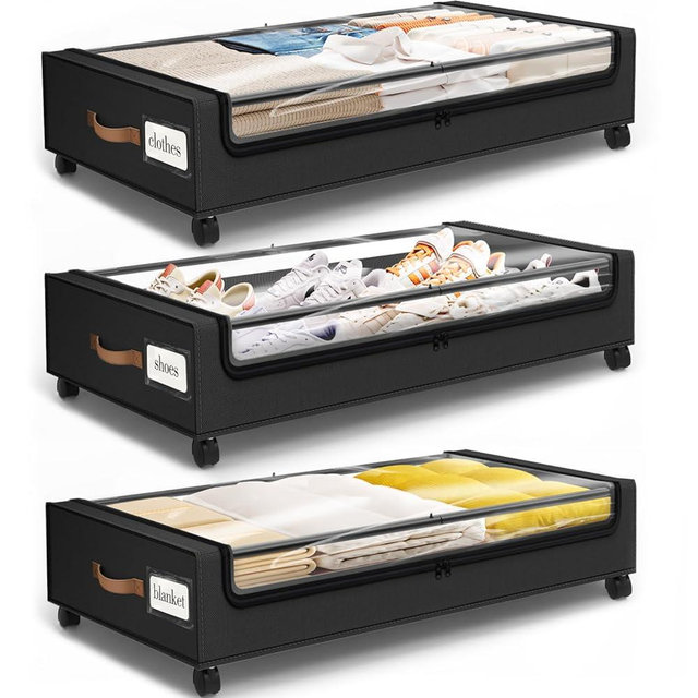 SpaceHacks Under Bed Storage with Wheels 3Pack Storage Containers with Clear Window&Label Under Bed Drawers Rolling Under Bed Storage for Clothes,Shoes, Blankets (30.71 x 16.93 x 6.69 in, Black)