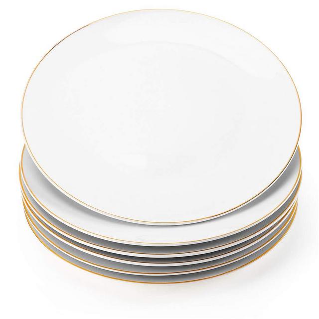 Gsain 10.5” Porcelain Dinner Plates with Golden Rim, Stackable Ceramic White Round Serving Plate for Salad, Dessert, Steak, Pasta (Set of 6)