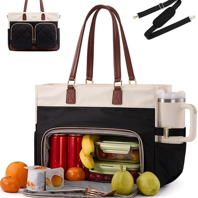 LOVEVOOK Work Tote Bag with Lunch Compartment & Cup Holder, 15.6" Laptop Lunch Bag Combo for Women,Large Work Tote for Teacher, Nurse & Office Commuter