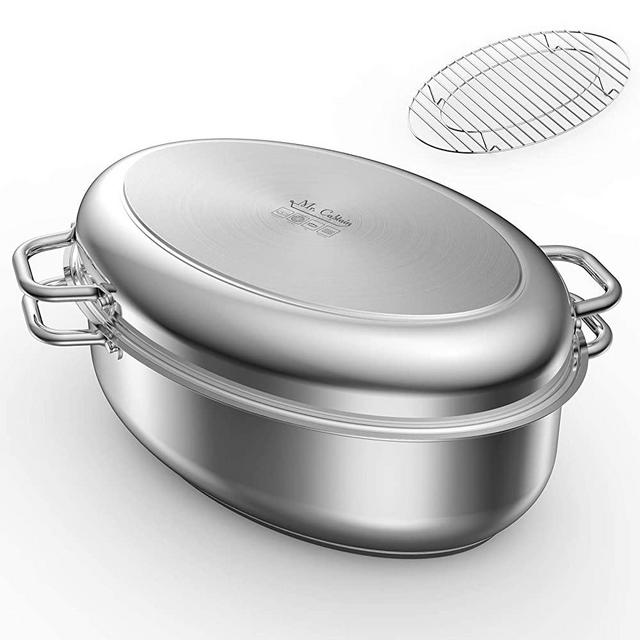 Mr Captain Roasting Pan with Rack and Lid 12 Quart,18/10 Stainless Steel Multi-Use Oval Turkey Roaster, Induction Compatible Dishwasher/Oven Safe Roaster,17 Inch