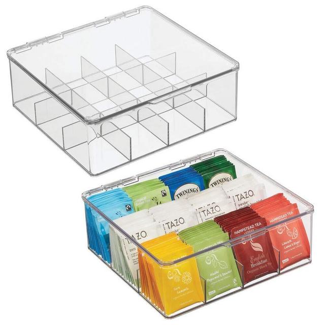 mDesign Tea Storage Organizer Box - 12 Divided Sections, Easy-View Hinged Lid - Use in Kitchen, Pantry, and Cabinets; Holder for Tea Bags, Packets, Small Items and Accessories - 2 Pack -Clear