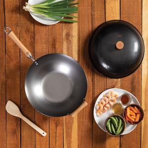 JOYCE CHEN Classic Series 14-Inch Uncoated Carbon Steel Wok Set with Lid, Birch Handles, Bamboo Wok Spatula, and Recipe Booklet