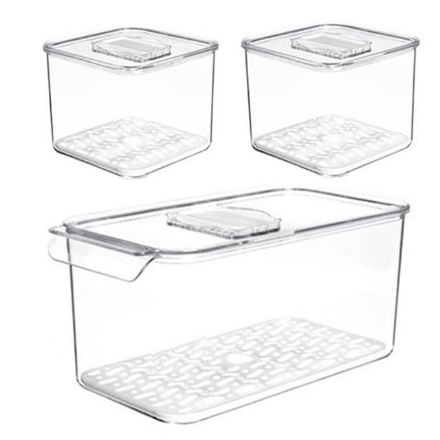 SANNO Fridge Food Storage Containers Produce Saver FreshWorks Produce - Stackable Refrigerator Kitchen Organizer Keeper, Food Storage Container Bin, with Removable Drain Tray to Keep Fresh - Set of 3