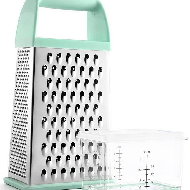 Spring Chef Box Grater 10 inch - Professional Cheese Grater with Storage Container - 4-Sided Handheld Kitchen Shredder - Stainless Steel Food Grater - Modern Vegetable, Potato, Carrot - Mint