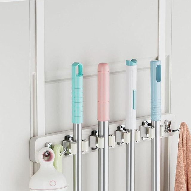 FANGSUN Broom Holder Door Mount Hanging, Over the Door Broom and Mop Organizer with 4 Slots and 4 Hooks, Wooden Tool Rack Storage Hanger for Laundry, Closet, Garage, No Drills