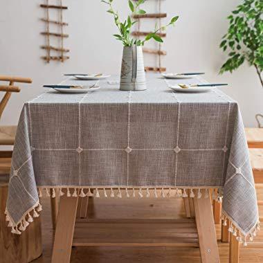 Mokani Washable Cotton Linen Solid Embroidery Checkered Design Tablecloth, Square Table Cover Great for Kitchen Dinning Tabletop Buffet Decoration (55 x 55 Inch, Gray)