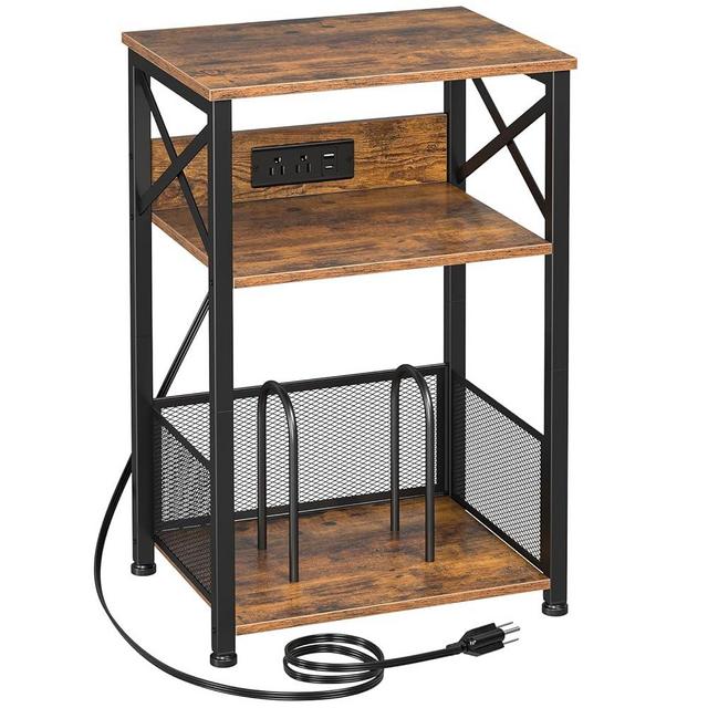 AMHANCIBLE Record Player Stand with Charging Station, Turntable Stand with Storage Cabinet, 3 Tier End Table Hold Up to 200 Albums, Record Stand for Vinyl, Living Room, Rustic Brown, HETCD01BR-1