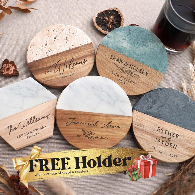 Housewarming Gifts, Custom Coaster Set of 4, New Home Gift, Personalized Gifts for Couple, Board Coaster Set Custom Mother's Day Gift
