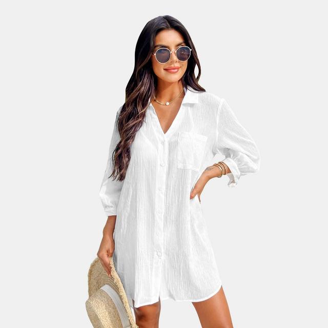 Women's Seersucker Tie Cuff Cover-Up Dress - Cupshe-M-White