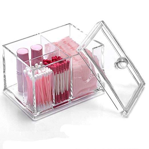 Luv America Q-tip Swab Cotton Ball Organizer Canister Dispenser. Beauty Makeup Storage Container and Holder for Accessories. Elegant & Easy Clear Plastic Acrylic for Bathroom Countertop or Vanity.
