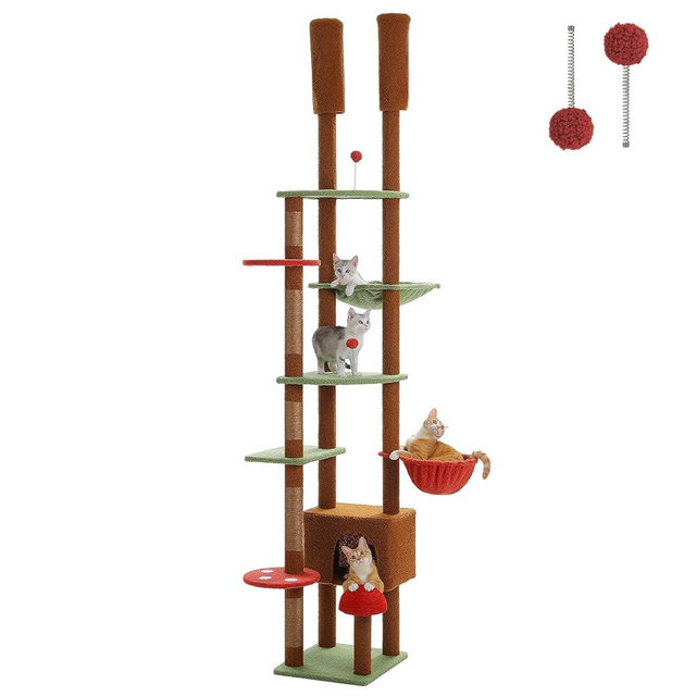 PEQULTI Mushroom Cat Tree Floor to Ceiling Cat Tower Adjustable Height (90.5''~100.4'' = 230cm~252cm) with Cat Condo, Cozy Hammock and Scratching Post, Tall Cat Activity Tree for Indoor Cats, Brown