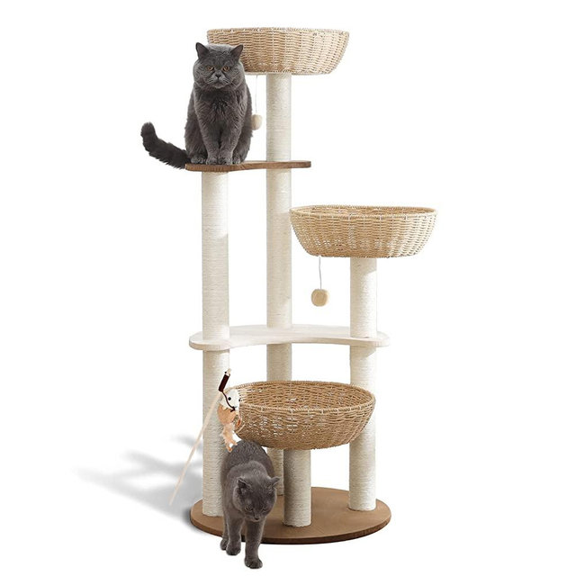 😸Modern Cat Tree Tower for Large Cats, 3 Cat Nests Manual Hand Woven Multilevel Huge Paws Pals Cat Tree, Wood Cat Tower, Cat Scratching Tree, Cat Condo, Cat Lover Gift, Real Branch Luxury Cat Condo