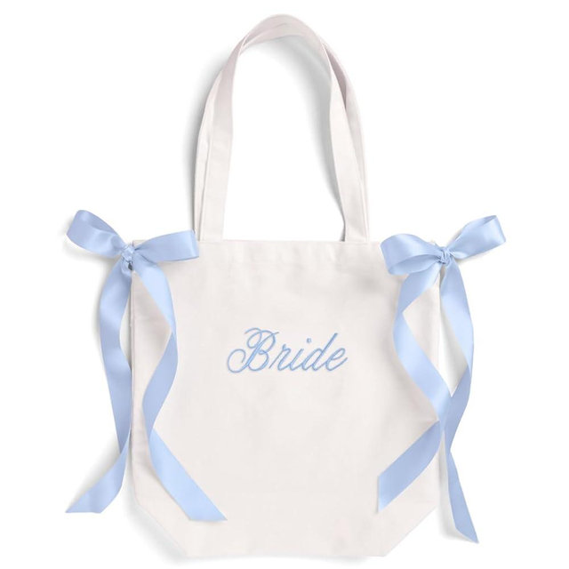 xo, Fetti White Bride Canvas Tote Bag, Blue Satin Bows | Bachelorette Party Decorations, Bride To Be Purse Accessory, Bridesmaid Gift, Bridal Shower Supplies, Engagement Party Favor