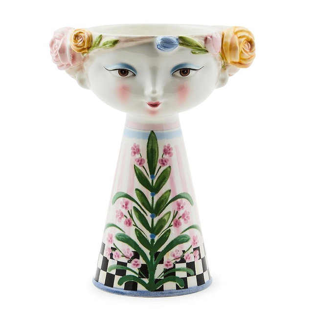 MACKENZIE-CHILDS Ceramic Vase, Unique Decorative Vase, Short, Rosy Meadow Lady
