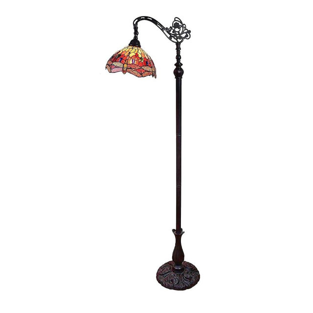 Amora Tiffany Style Floor Lamp Arched Adjustable 62" Tall Stained Glass Red Yellow Green Dragonfly Antique Vintage Light Decor Bedroom Living Room Reading Gift AM079FL10B Lighting