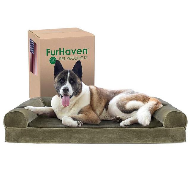 Furhaven Cooling Gel Dog Bed for Large Dogs w/ Removable Bolsters & Washable Cover, For Dogs Up to 95 lbs - Faux Fur & Velvet Sofa - Dark Sage, Jumbo/XL
