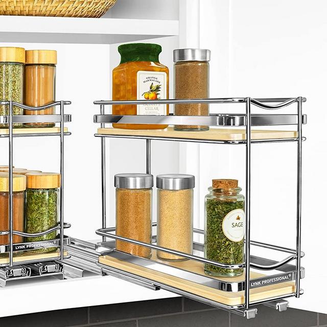 LYNK PROFESSIONAL® Élite™ Pull Out Spice Rack Organizer for Cabinet - Slide Out Vertical Spice Rack, 4-1/4 inch Wide, Wood and Chrome Sliding Spice Organizer Shelf - Double
