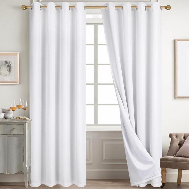 Diraysid 100% Blackout Curtains White Linen Curtains for Bedroom Grommet Thermal Insulated Room Darkening Drapes (2 Panels, W52 x L108 Inch)