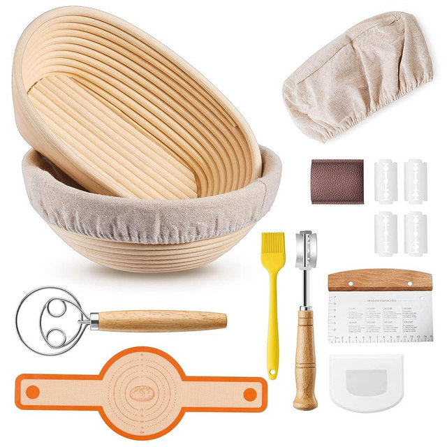 E-far Bread Proofing Basket, 9 Inch Round and 10 Inch Oval Sourdough Bread Baking Supplies, Complete Sourdough Starter Kit for Bread Making Beginners