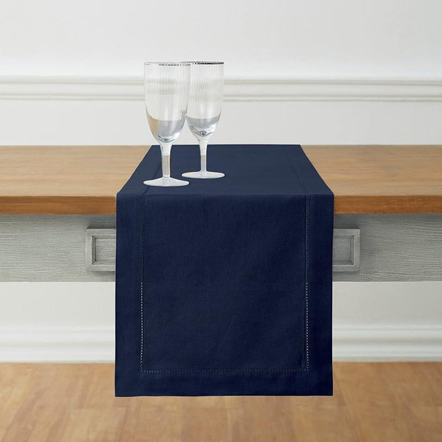 Solino Home Navy Table Runner 120 Inches Long - Cotton Linen Hemstitch 14 x 120 Inch Table Runner for Dining and 4th of July, Summer