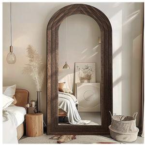 **BROWN** Arched Full Length Mirror with Solid Wood Frame, 71x32 Farmhouse Wall Mounted Floor Mirror with Stand, Vertical Hanging, Leaning Standing for Bedroom, Living Room, Brown