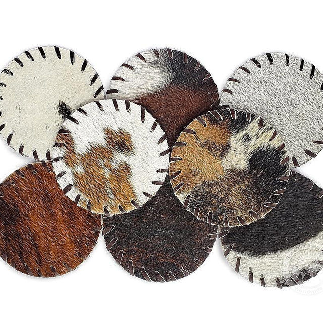 Natural Cowhide Coaster Assorted Tones Set of 8 pcs Drink Coasters Round Leather 4.5"
