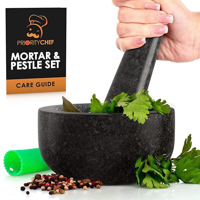 PriorityChef Mortar and Pestle Set, 100% Natural Granite with Polished Black Exterior Finish, 2 Cup Capacity, Bonus Silicone Garlic Peeler and 2 No-Slip Pads