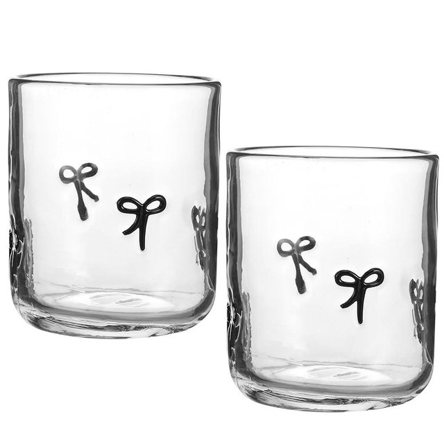 Skylety 2 Pack Bow Icon Juice Glass Coquette Bow Aesthetic Cup 14 ounce Double Old Fashioned Icon Handblown Cocktail glasses for Women Friend Party(Black)