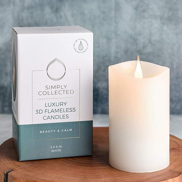 Simply Collected |3D Flickering Flameless Candles Battery Operated|800+ Hours Bright Warm-White Flame-360 Degree Wax Pillar|Large Battery Operated Candles with Timer|Unscented,LED(White, 3 x 5 inches)