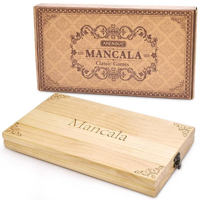 AMEROUS Wooden Mancala Board Game Set - Upgraded Larger Size - 72+8 Bonus Multi Color Glass Stones - Folding Board - Gift Package - Mancala Instructions, Portable Board Game for Adults and Kids