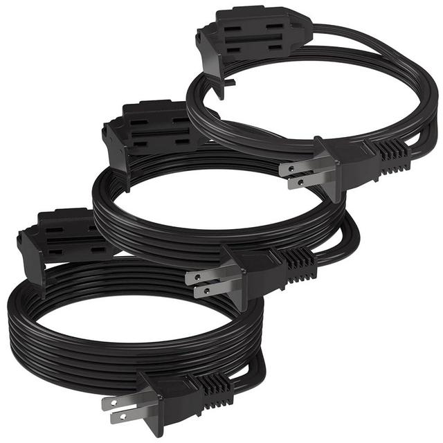 PLUGTUL 3-Pack Indoor Extension Cord (6/9/12FT), 2 Prong Black Extension Cord, 3 Polarized Outlets with Safety Cap Protect for Home Office, 16/2 SPT-2 ETL Listed
