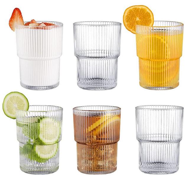 BJMEDYM 15 Oz Ripped Drinking Glasses Iced Coffee Glasses Glass Cup Set Of 6 Ribbed Glassesware Vintage Drinking Glasses Water Glasses Fluted Glassware Cocktail Glass Cute Glass Cups