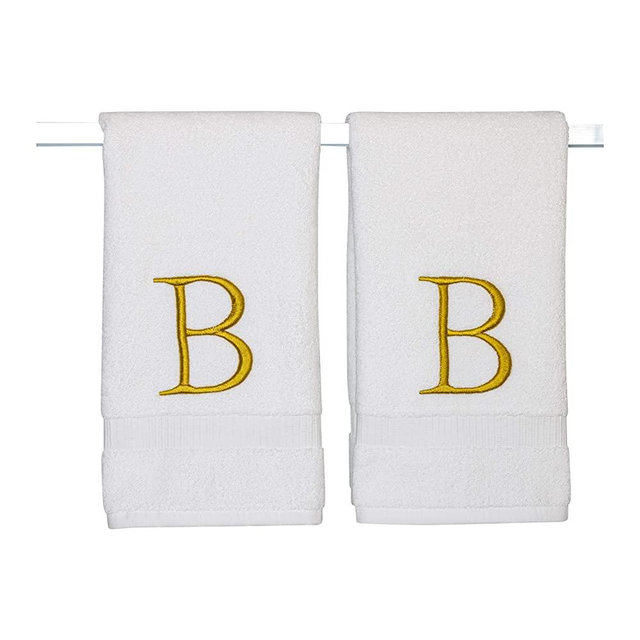 Monogrammed Hand Towels for Bathroom - Luxury Hotel Quality Personalized Initial Decorative Embroidered Bath Towel for Powder Room, Spa - GOTS Organic Certified - Set of 2 Gold Letter B