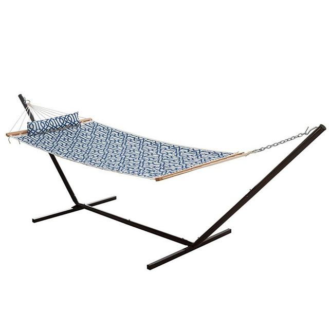 Castaway Hammocks Quilted Hammock Combo with Small Black Steel Portable Stand and Pillow, Navy