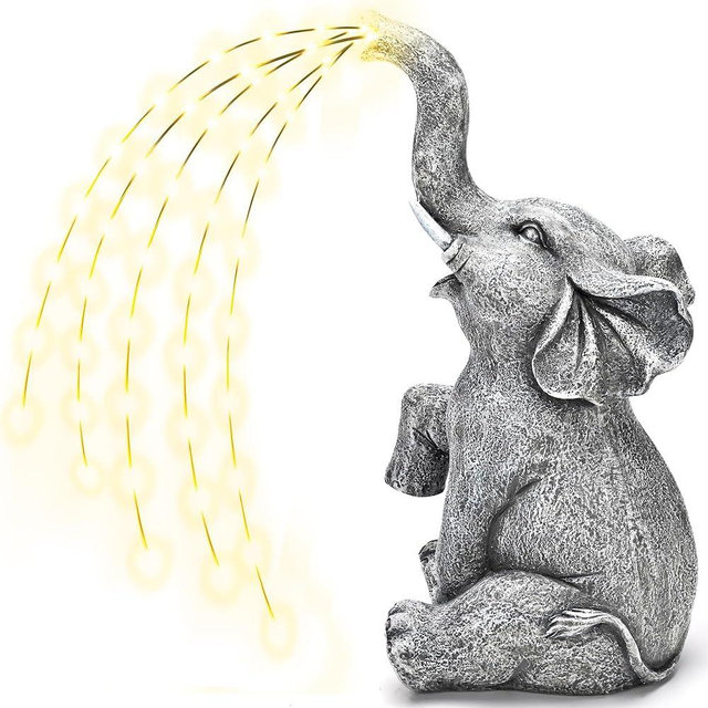 GIGALUMI Elephant Statue Garden Decor Watering Effect LED Lights Elephant Figurine Solar Powered, Gifts for Mom, Birthday Gifts for Women, Elephant Decor for Garden, Patio, Yard(Watering Only Strings)