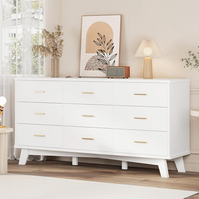 Dresser for Bedroom, 9 Drawer Wide Modern Chest of Drawers with X-Shaped Sturdy Base, Wood Double Dresser Closet Clothes Storage Organizer, Wooden TV Stand for Living Room, Hallway, White