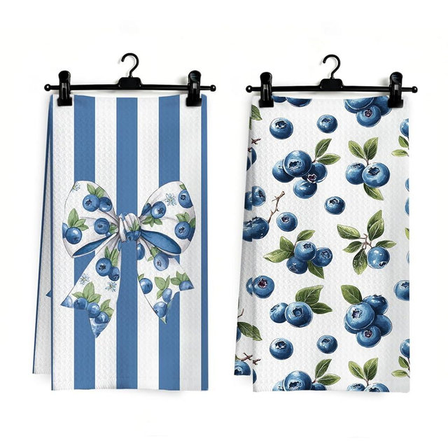 Ghoaoivo Coquette Bow Blueberry Fruit Kitchen Dish Towels, Blueberry Gifts, Blue and White Striped Fruit Decorative Hand Tea Towels for Kitchen Bathroom, 16x24 Inch Set of 2