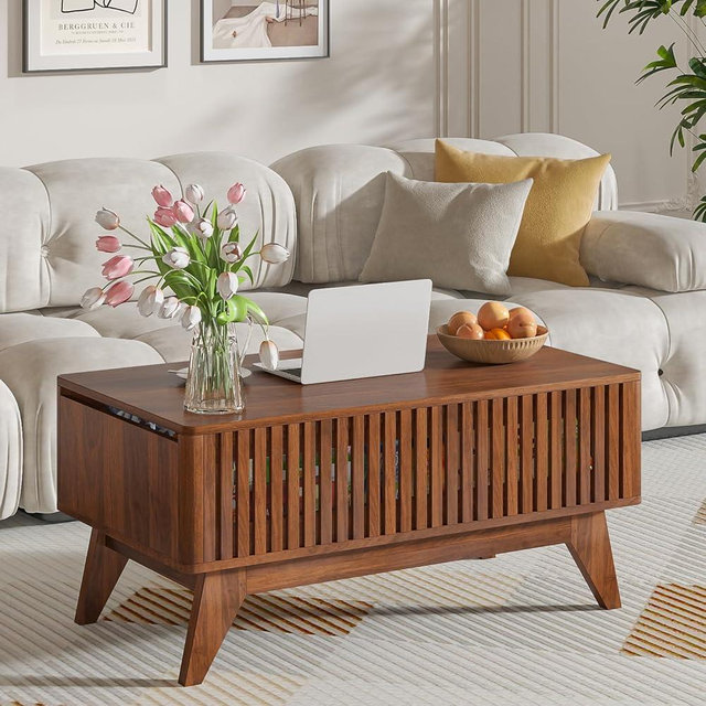 Lift Top Coffee Tables with Hidden Compartment, Mid Century Modern Coffee Table for Living Room, Fluted Design Farmhouse Center Table with Storage (Walnut)