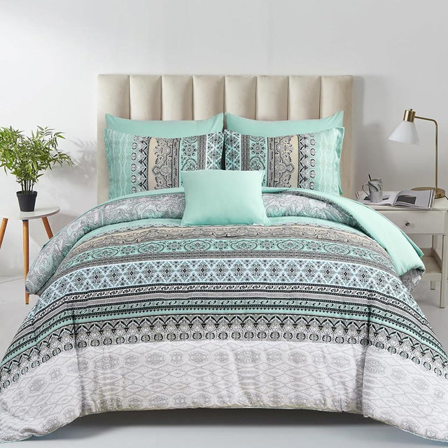 Boho Comforter Set Queen Size,8 Piece Bed in a Bag Sage Green Paisley Comforter and Sheet Set,Striped Bedding Set Soft Microfiber Complete Bedding Set