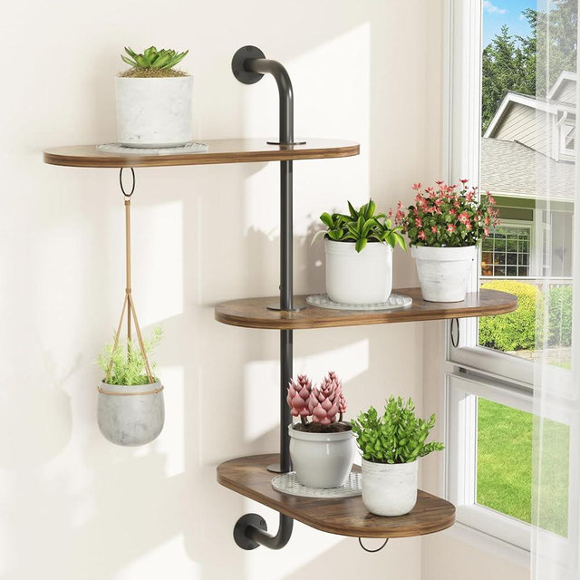 Rotating Window Plant Shelves with 3 Anti-slip Mats, 3 Tier Plant Stand Indoor Outdoor, Wooden Window Plant Shelf with 3 Circle Hook, Hanging Plant Holder for Window, Potted Plants, Flowerpots (Antique Color, 3 Tier)
