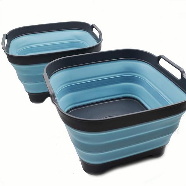 SAMMART 10L (2.64 Gallon) Collapsible Dishpan with Draining Plug - Foldable Washing Basin - Portable Dish Washing Tub - Space Saving Kitchen Storage Tray (2, Grey/Sea Angel)