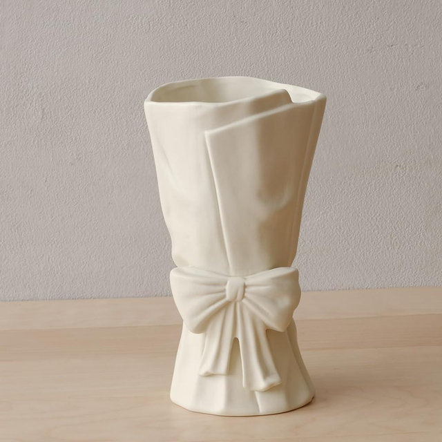 Bow Vase for Home Decor, Ceramic Flower Vase for Wedding, Matte Crème, H10 × W5.7