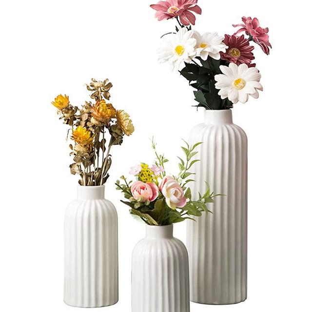 Set of 3 White Ceramic Vase, Smooth Glaze Finish Flower Vases, Gift for Wedding Special Occasion Dried Floral Arrangements Home Office Spa Decor (3 Sizes in Gift Box) (Ivory Color)