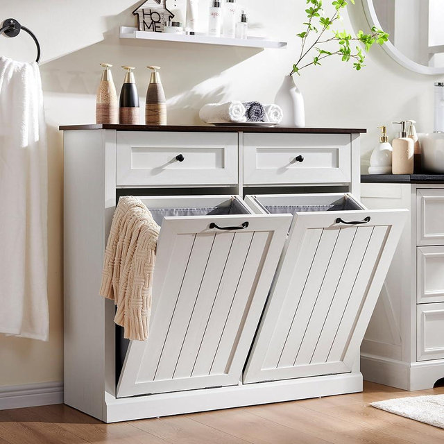 Double Tilt Out Laundry Hamper Cabinet, 20 Gallon Farmhouse Trash Can Cabinet with Drawer, Hidden Wood Garbage Can Bin Cabinet with Laundry Storage Basket for Bathroom, Kitchen (White)
