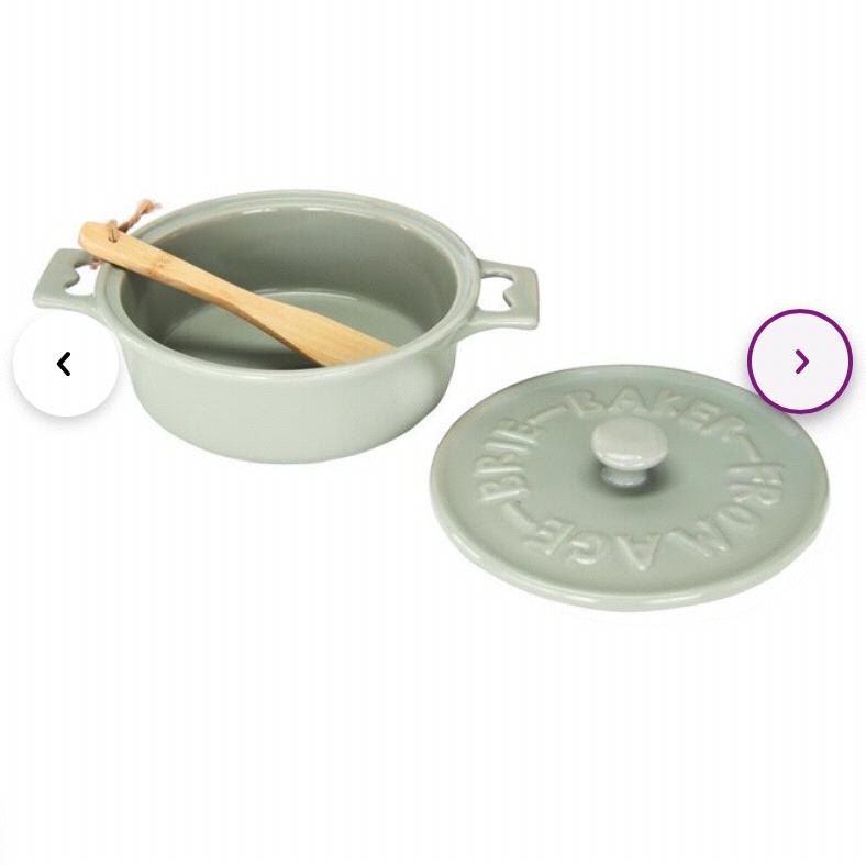 7" Round Stoneware Brie Baker with Wood Spreader, in Gray