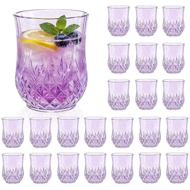 LEYIQU 24 Pack Plastic Stemless Wine Glasses,12oz Unbreakable Vintage Elegant Drinking Glass Set,Reusable Fancy Cocktail Cups for Party, Wedding, and Bulk Events (24, 12oz-Purple)