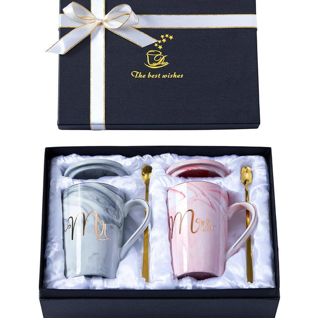Luspan Wedding Gifts for Bride and Groom,Bridal Shower Engagement Gifts for Couples,Mr and Mrs Marble Coffee Mugs 14 Oz