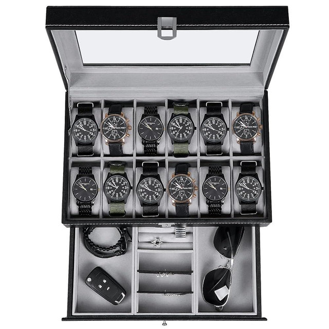 BEWISHOME Watch Case 12-Slot Watch Box Organizer Case with Jewelry Display Drawer Adjustable Tray Watch Storage Case for Men with Glass Top - Black PU Leather SSH02B
