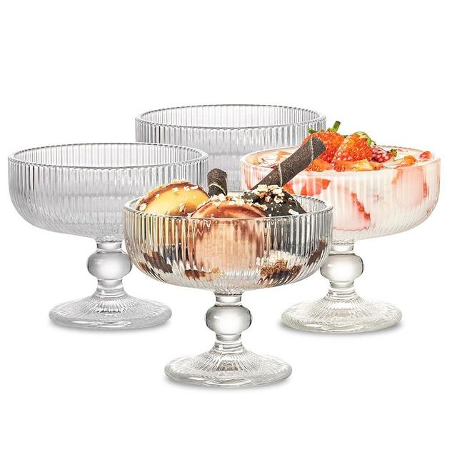 INSETLAN Sundae Ice Cream Glass Bowl Set of 4, Stripes Clear Glass Fruit Parfait Cups with Spoon, Glass Dessert Cups for Sundae, Ice Cream, Fruit, Salad, Cocktail, Lead-Free Footed Dessert Cups (L)
